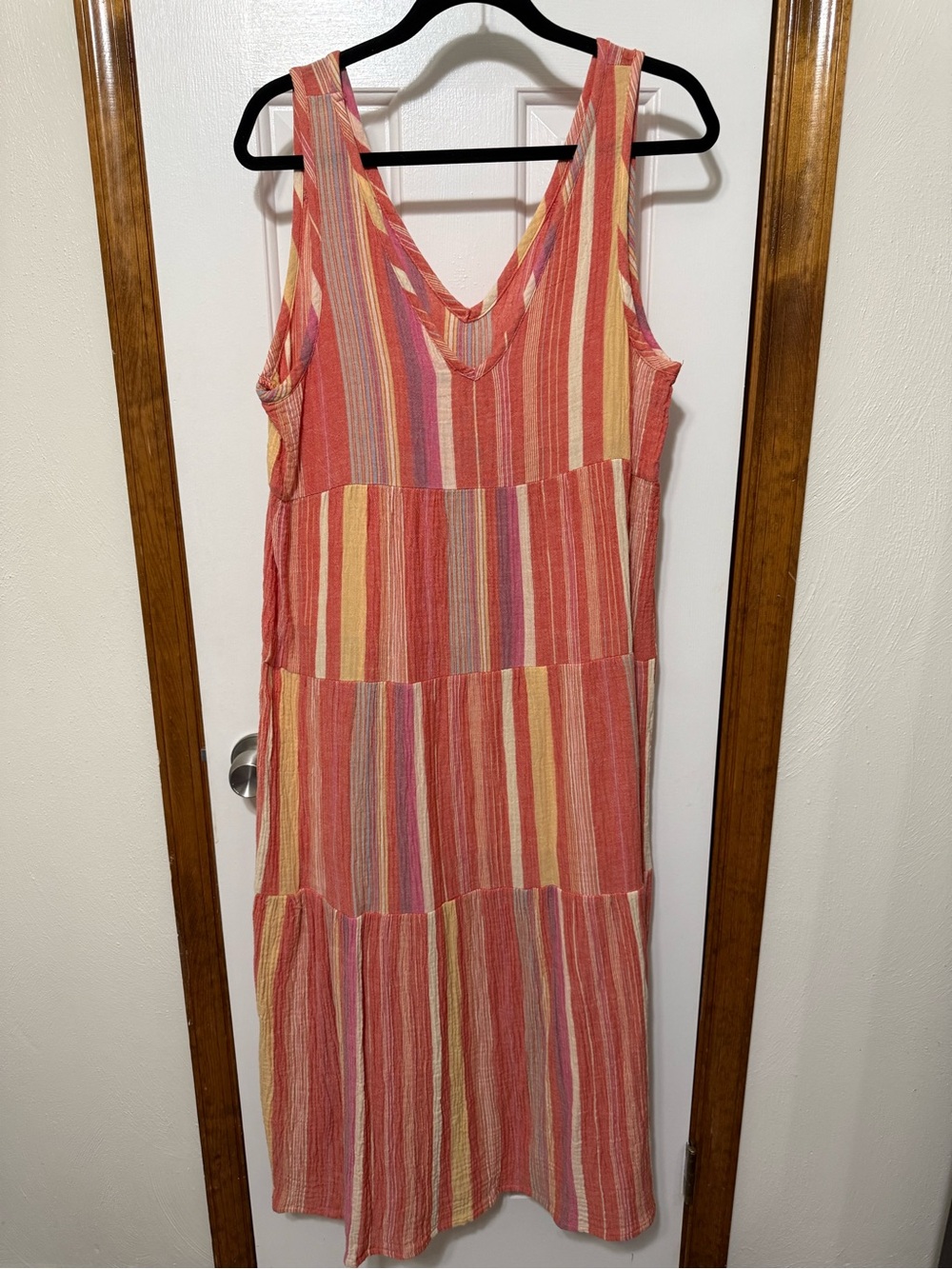 Marine Layer Corinne Maxi Dress - Hibiscus Multi Stripe Tiered Cotton Size Large